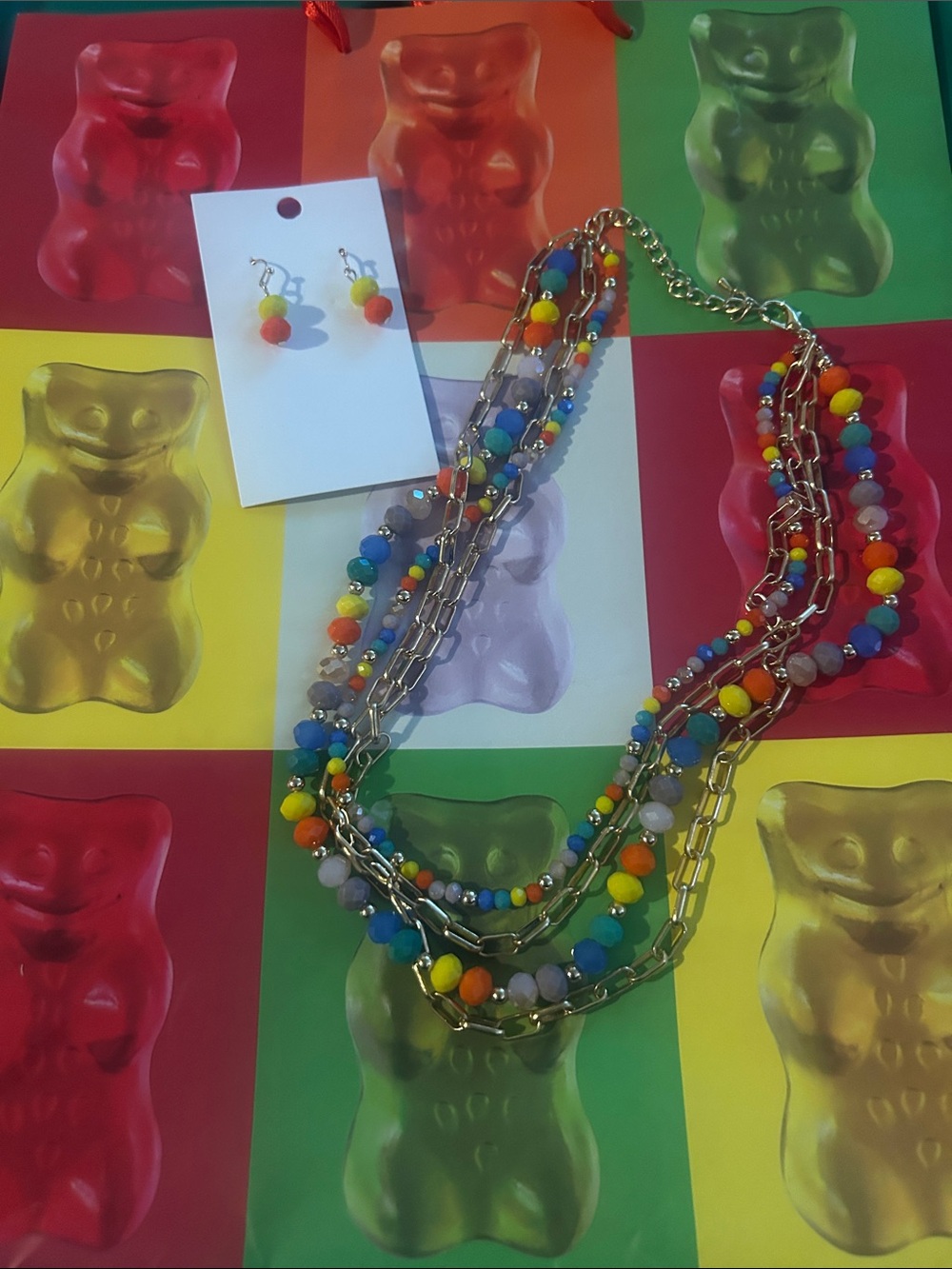 Multi-Color Beaded Layered Necklace & Earrings Set